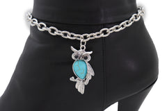 Turquoise Owl Charm Silver Metal Boot Chain