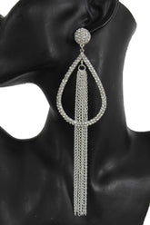 Women Long Silver Metal Fringes Chain Water Drop Rhinestones Jewelry Earrings