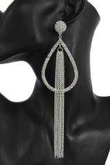Women Long Silver Metal Fringes Chain Water Drop Rhinestones Jewelry Earrings