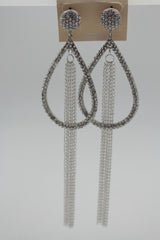 Women Long Silver Metal Fringes Chain Water Drop Rhinestones Jewelry Earrings