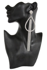 Women Long Silver Metal Fringes Chain Water Drop Rhinestones Jewelry Earrings