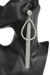 Women Long Silver Metal Fringes Chain Water Drop Rhinestones Jewelry Earrings