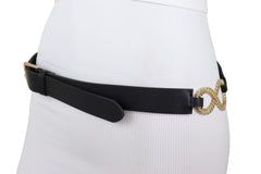 Black Faux Leather Fashion Belt Gold Metal Infinity Side Charm Buckle S M