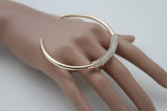 Chic Women Knuckle Ring Wide Gold Bling Half Moon Rhinestones Jewelry Size 7