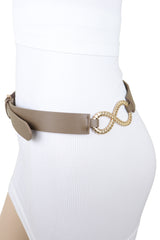 Brown Taupe Faux Leather Fashion Belt Gold Metal Buckle Infinity Charm S M