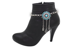 Silver Metal Chain Boot Bracelet Shoe Turquoise Blue Ethnic Flower Charm