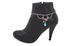 Women Silver Metal Chain Western Boot Bracelet Shoe Ethnic Turquoise Beads Charm