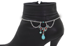 Women Silver Metal Chain Western Boot Bracelet Shoe Ethnic Turquoise Beads Charm