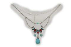 Women Silver Metal Chain Western Boot Bracelet Shoe Ethnic Turquoise Beads Charm