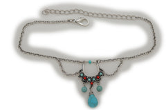 Women Silver Metal Chain Western Boot Bracelet Shoe Ethnic Turquoise Beads Charm