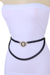 Black Metal Wave Chain Belt With Rhinestone Lion Medallion