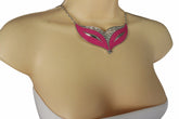 Women Silver Metal Chain Pink Masquerade Mask Fashion Necklace Earrings Set