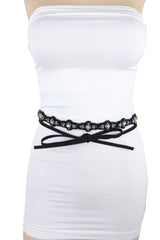 Black Fabric Band Wrap Round Tie Fashion Belt Hip High Waist Beads XS S M