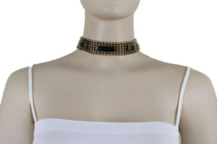 Antique Gold Metal Choker Necklace Black Beads + Earrings