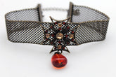 Mesh Metal Chains Choker Necklace Cross Charm Pendant Big Red Stone Bead