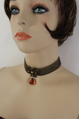 Mesh Metal Chains Choker Necklace Cross Charm Pendant Big Red Stone Bead