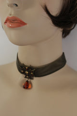 Mesh Metal Chains Choker Necklace Cross Charm Pendant Big Red Stone Bead