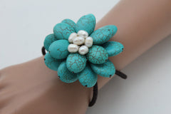 Baby Blue / White + Red / Red + White Cuff Band Bracelet Beads Flower Charm Elastic Women Fashion Jewelry Accessories - alwaystyle4you - 1