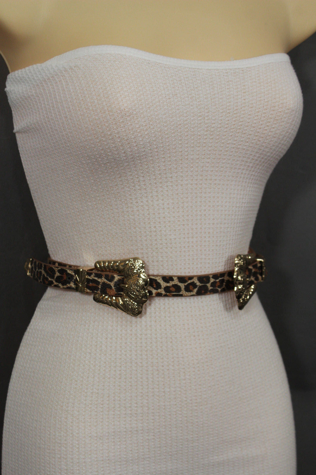 Beige Brown Black Animal Print Faux Leather Western Style Belt Double Gold Metal Buckles Women Fashion Accessories S M - alwaystyle4you - 1