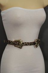 Beige Brown Black Animal Print Faux Leather Western Style Belt Double Gold Metal Buckles Women Fashion Accessories S M - alwaystyle4you - 1