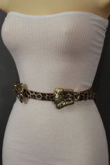 Beige Brown Black Animal Print Faux Leather Western Style Belt Double Gold Metal Buckles New Women Fashion Accessories S M - alwaystyle4you - 2