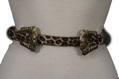 Beige Brown Black Animal Print Faux Leather Western Style Belt Double Gold Metal Buckles New Women Fashion Accessories S M - alwaystyle4you - 3