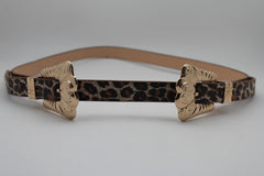 Beige Brown Black Animal Print Faux Leather Western Style Belt Double Gold Metal Buckles New Women Fashion Accessories S M - alwaystyle4you - 4