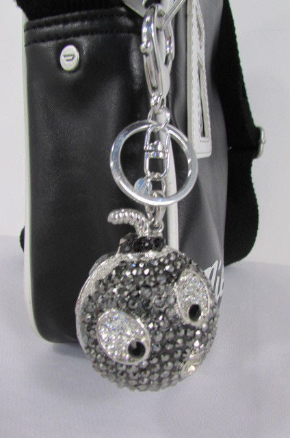 Big Silver Bird Metal Key Chain Wallet Charm Black Angry Boom Rhinestones Large - alwaystyle4you - 1