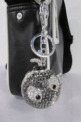 Big Silver Bird Metal Key Chain Wallet Charm Black Angry Boom Rhinestones Large - alwaystyle4you - 1