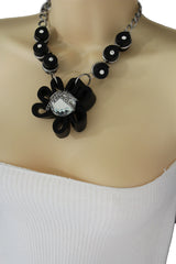 Black Big Fabric Flower Multi Circle Beads Earring Silver Chain Necklace Women