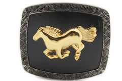 Shiny Gold Horse Black Rectangular Metal Belt Buckle