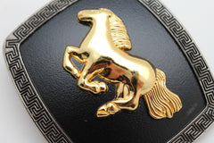 Shiny Gold Horse Black Rectangular Metal Belt Buckle