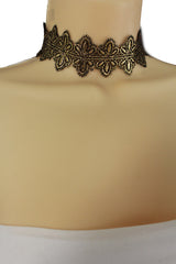 Black Gold Metallic Lace Fabric Wide Band Choker Necklace