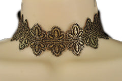 Black Gold Metallic Lace Fabric Wide Band Choker Necklace