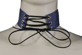 Dark Blue Metallic Rose Gold Pastel Pink Animal Print Leopard Brown Wide Denim Fabric Corset Long Tie Choker Necklace