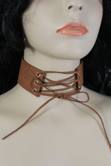 Dark Blue Metallic Rose Gold Pastel Pink Animal Print Leopard Brown Wide Denim Fabric Corset Long Tie Choker Necklace