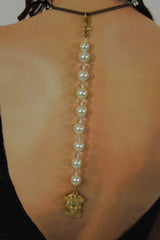 Imitation Pearl Beads Metal Chain Gold Jesus Christ Face Back Pendant Necklace