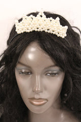 Cream Imitation Pearls Black Headband Crown Princess Queen