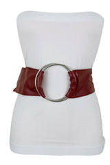 Cute Women Dark Red Wine Burgundy Wide Fabric Band Belt Silver Ring Buckle S M L