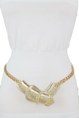 Fun Women Belt Hip High Waist Gold Metal Chain Big Wide Buckle Charm Size XS S M