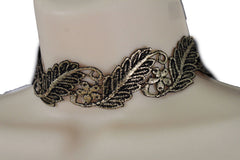 Gold Black Wide Long Leaves Flower Choker Necklace Women Chunky Hip Hop