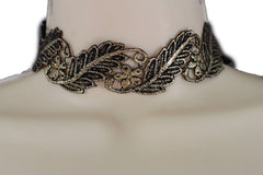 Gold Black Wide Long Leaves Flower Choker Necklace Women Chunky Hip Hop