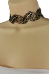 Gold Black Wide Long Leaves Flower Choker Necklace Women Chunky Hip Hop