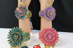 Gold Hand Chain Cuff Bracelet Big Round Ring Big Pink Green Purple Black Flower Beads