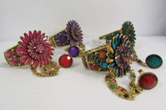 Gold Hand Chain Cuff Bracelet Big Round Ring Big Pink Green Purple Black Flower Beads