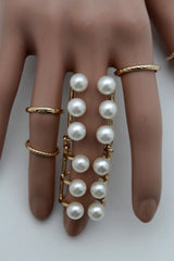 Gold Ivory Metal 5 Rings Set Band Imitation Pearl Beads Ring Women Stylish Jewelry