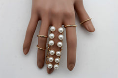 Gold Ivory Metal 5 Rings Set Band Imitation Pearl Beads Ring Women Stylish Jewelry