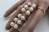 Gold Ivory Metal 5 Rings Set Band Imitation Pearl Beads Ring Women Stylish Jewelry