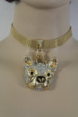Gold Mesh Metal Charm Dog Pet Pendant Choker Necklace Hip Hop Sexy