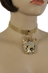 Gold Mesh Metal Charm Dog Pet Pendant Choker Necklace Hip Hop Sexy